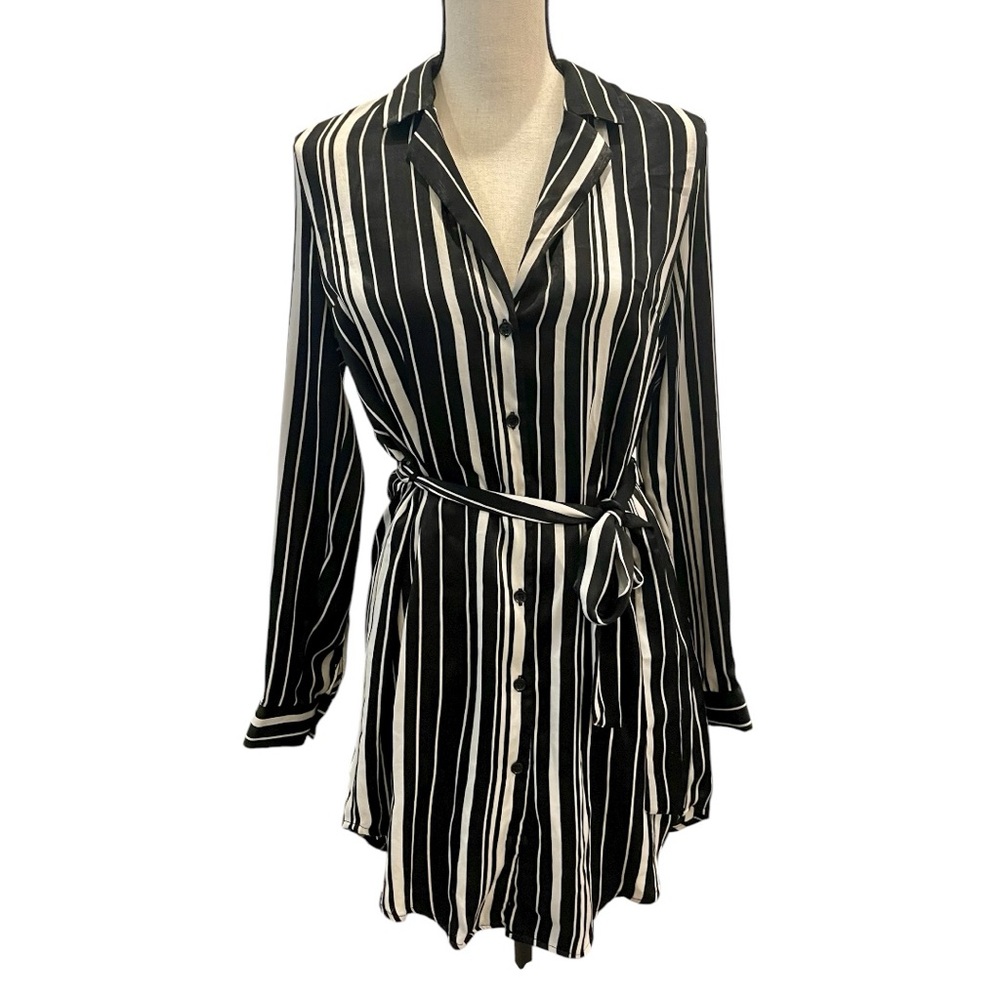 Forever 21 Black and White Stripe Satin Button Down Dress